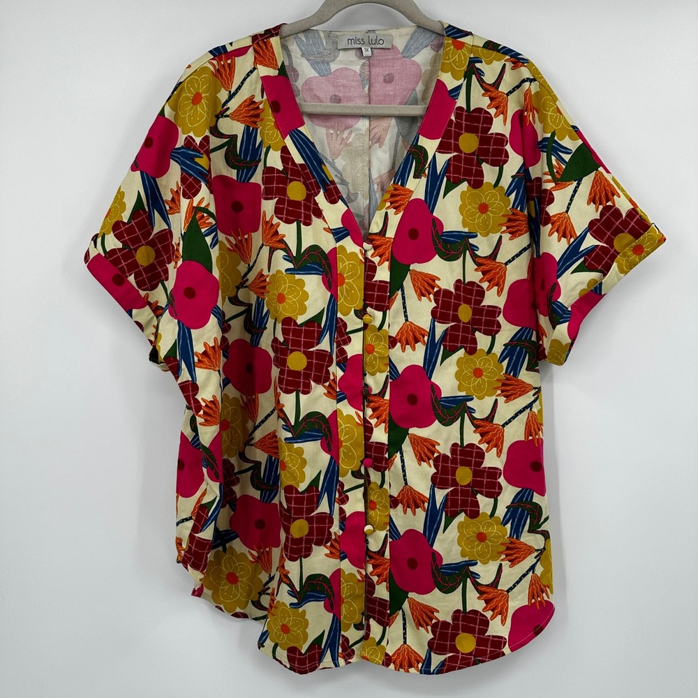 Miss Lulo 3X Floral Botanical Button Front Blouse Short Sleeve Top Retro Mod Art